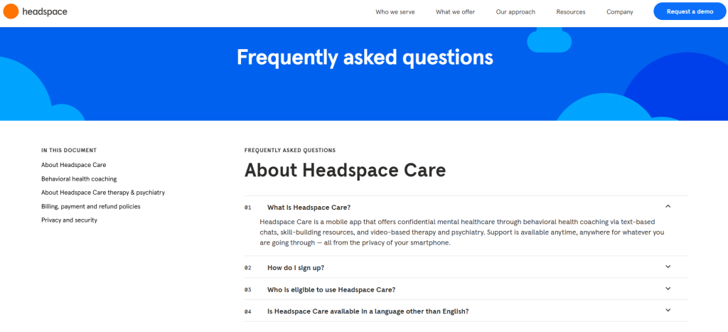 Headspace faq page example