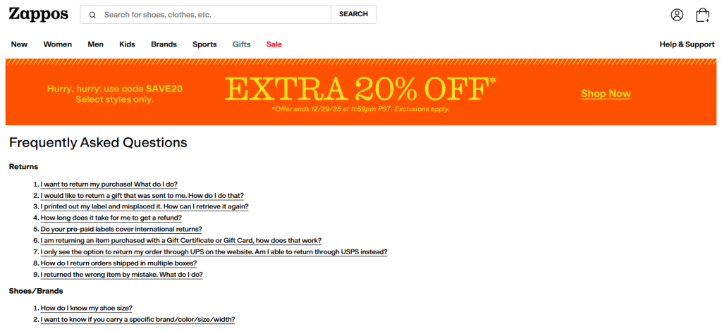 Zappos faq page example