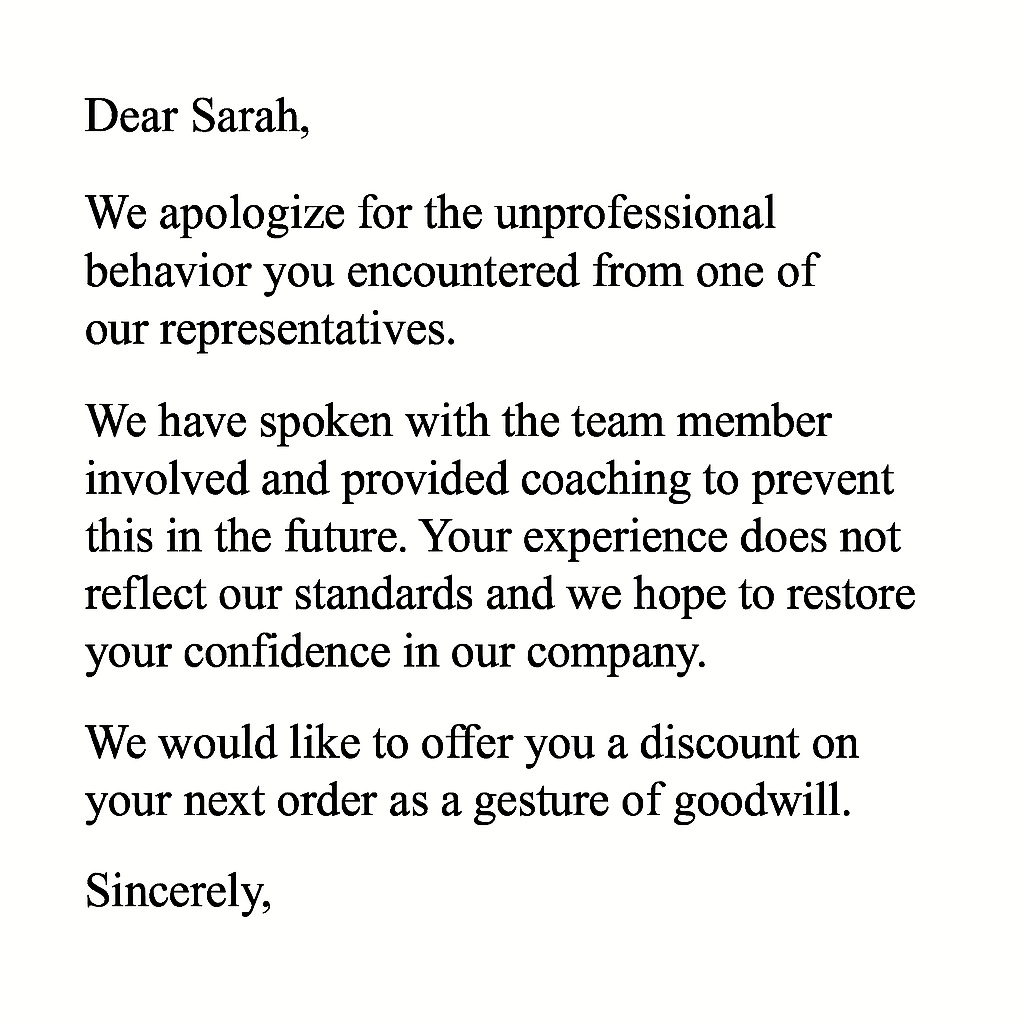 Example of customer apology letter